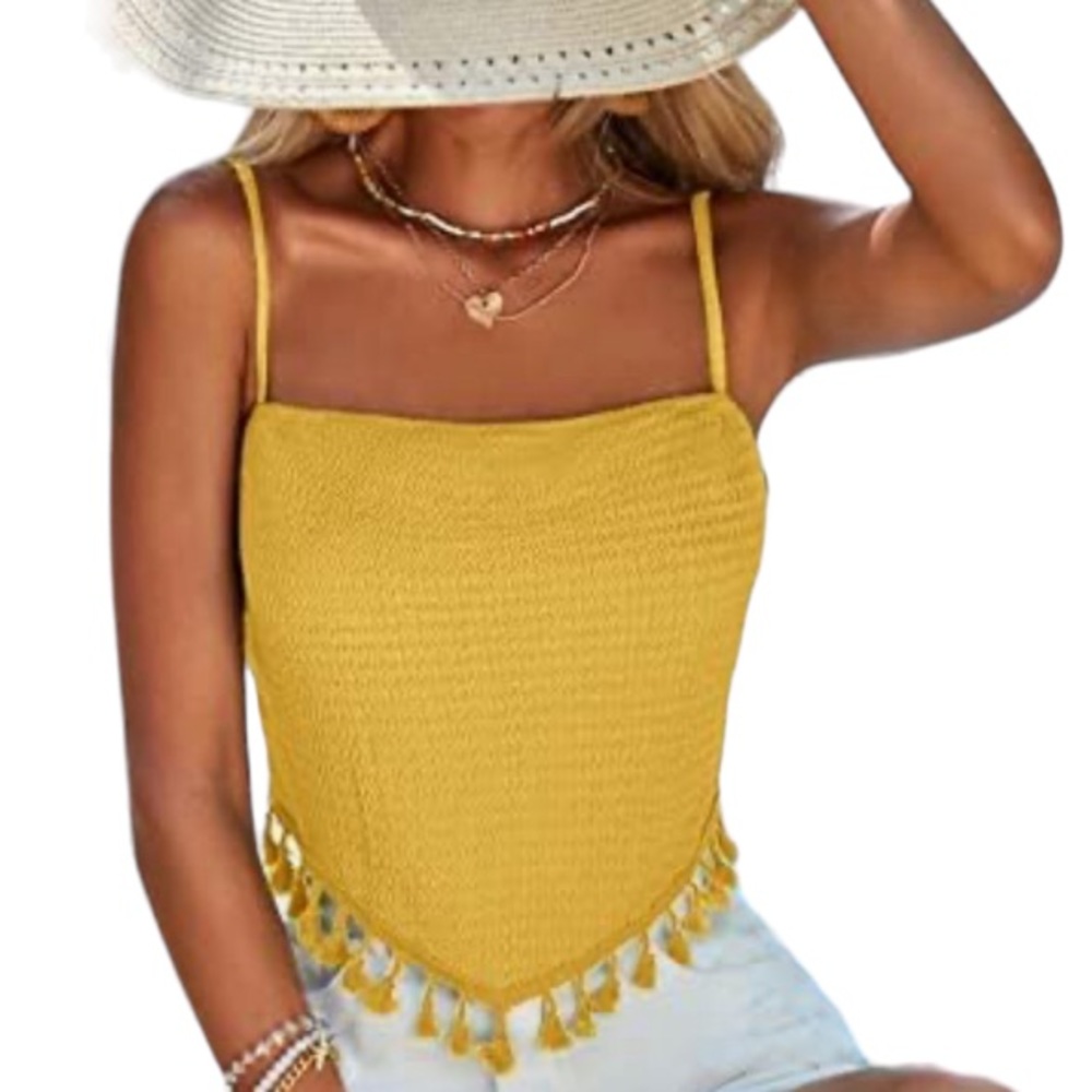 SHEIN VCAY yellow textured tassel trim spaghetti strap asymmetrical tank size XL